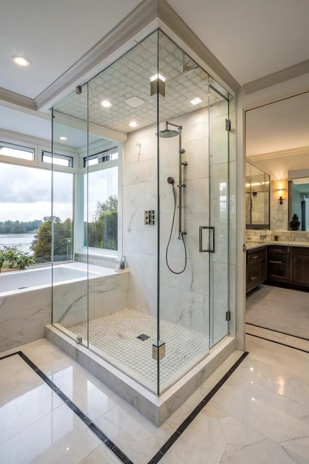 A shower with glass panels offers a contemporary and spacious ambiance.