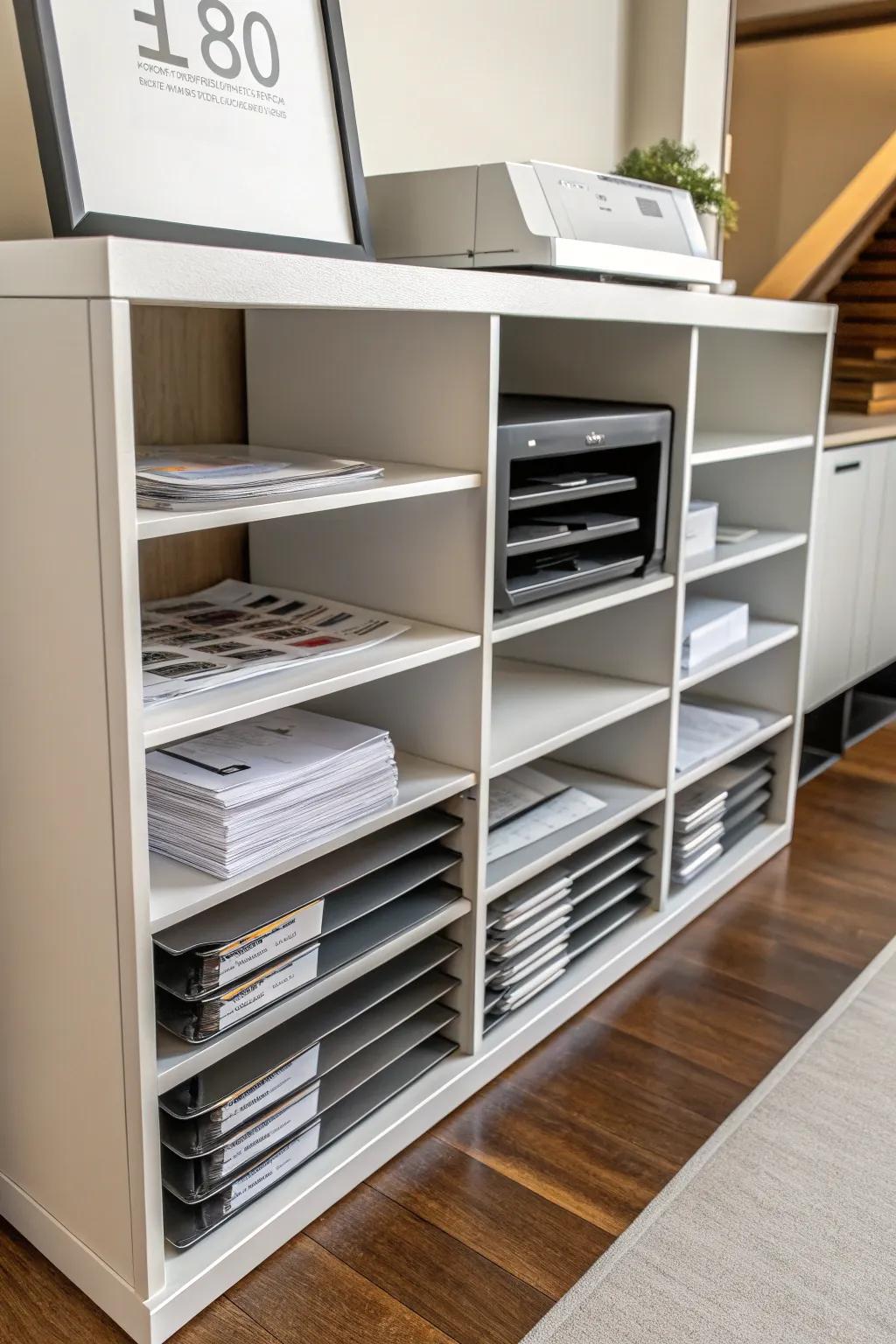 Compartmentalized shelves provide a structured paper storage solution.