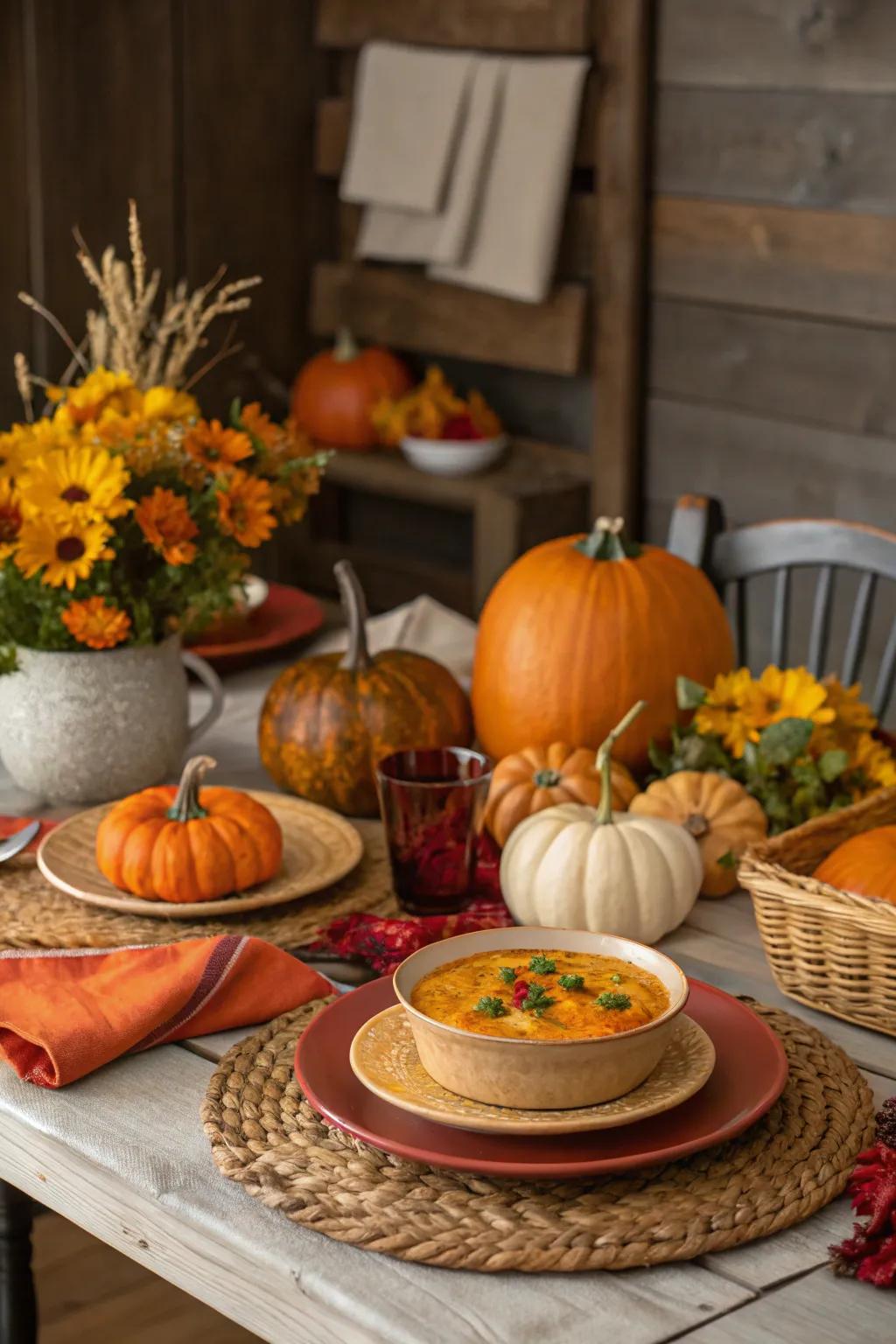 A beautifully arranged table showing autumn harvest dishes and decorations like pumpkins and gourds.