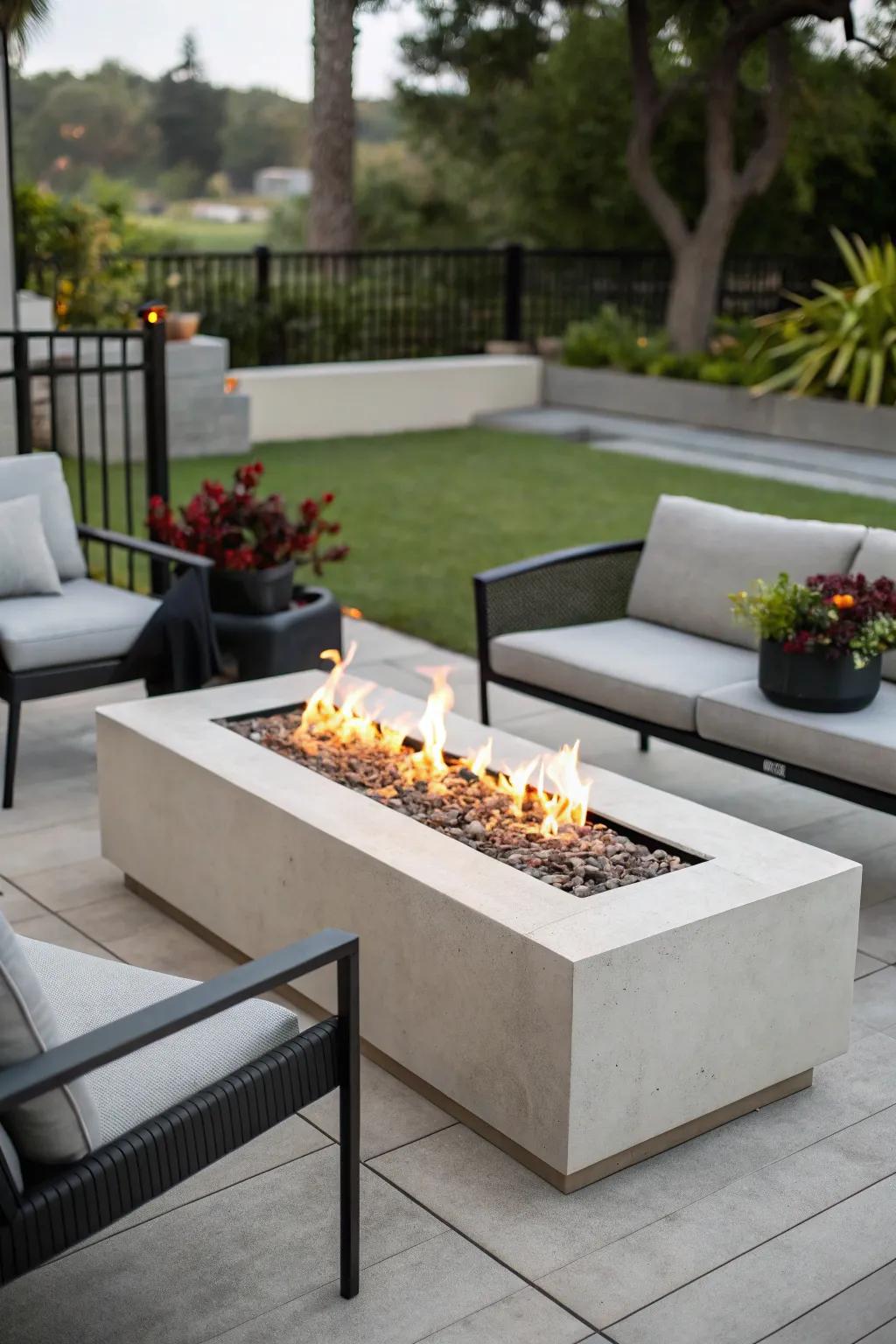 A minimalist rectangular propane fire pit adds a modern touch to any patio.