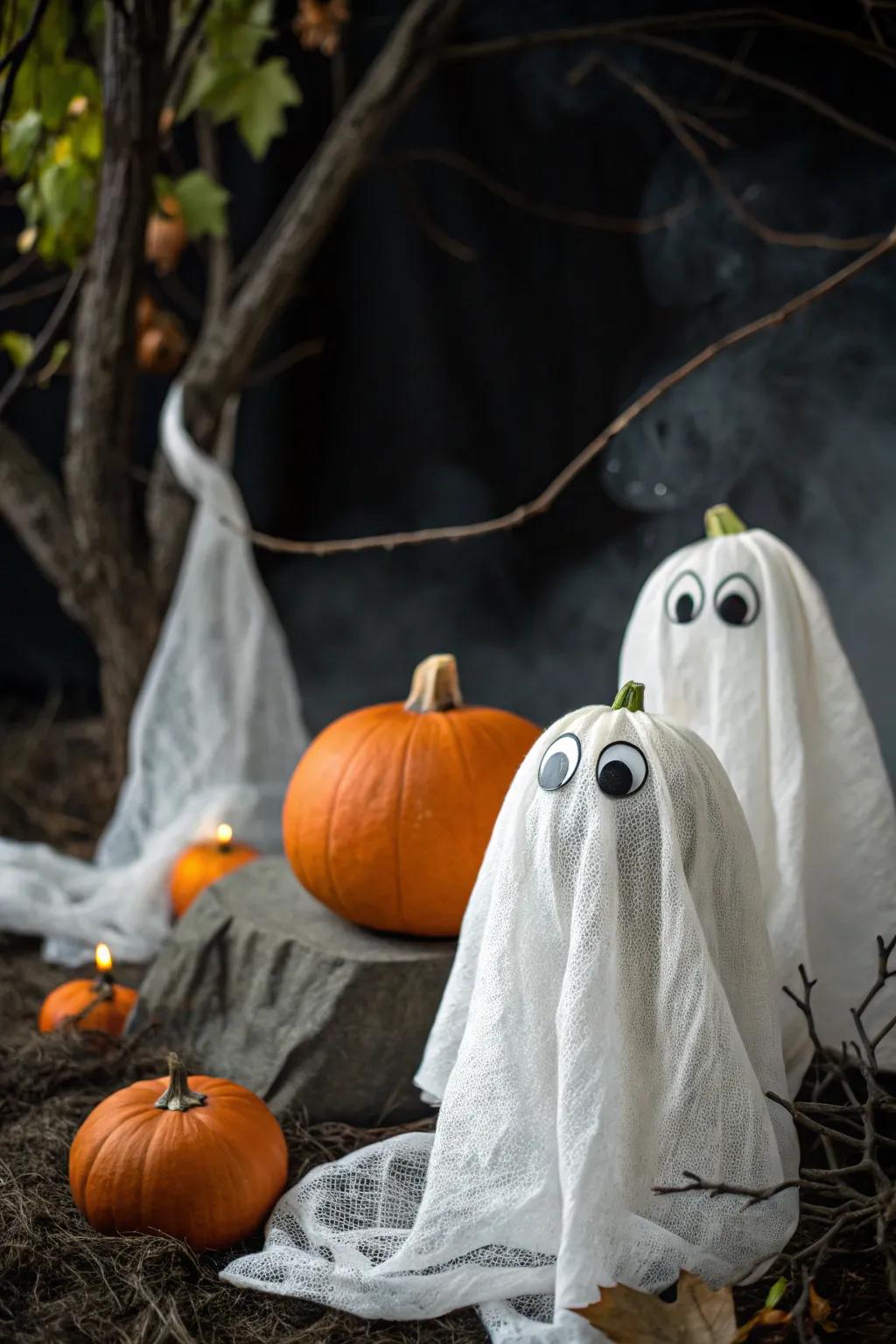 Set a spooky scene with pumpkins decorated as mummies.