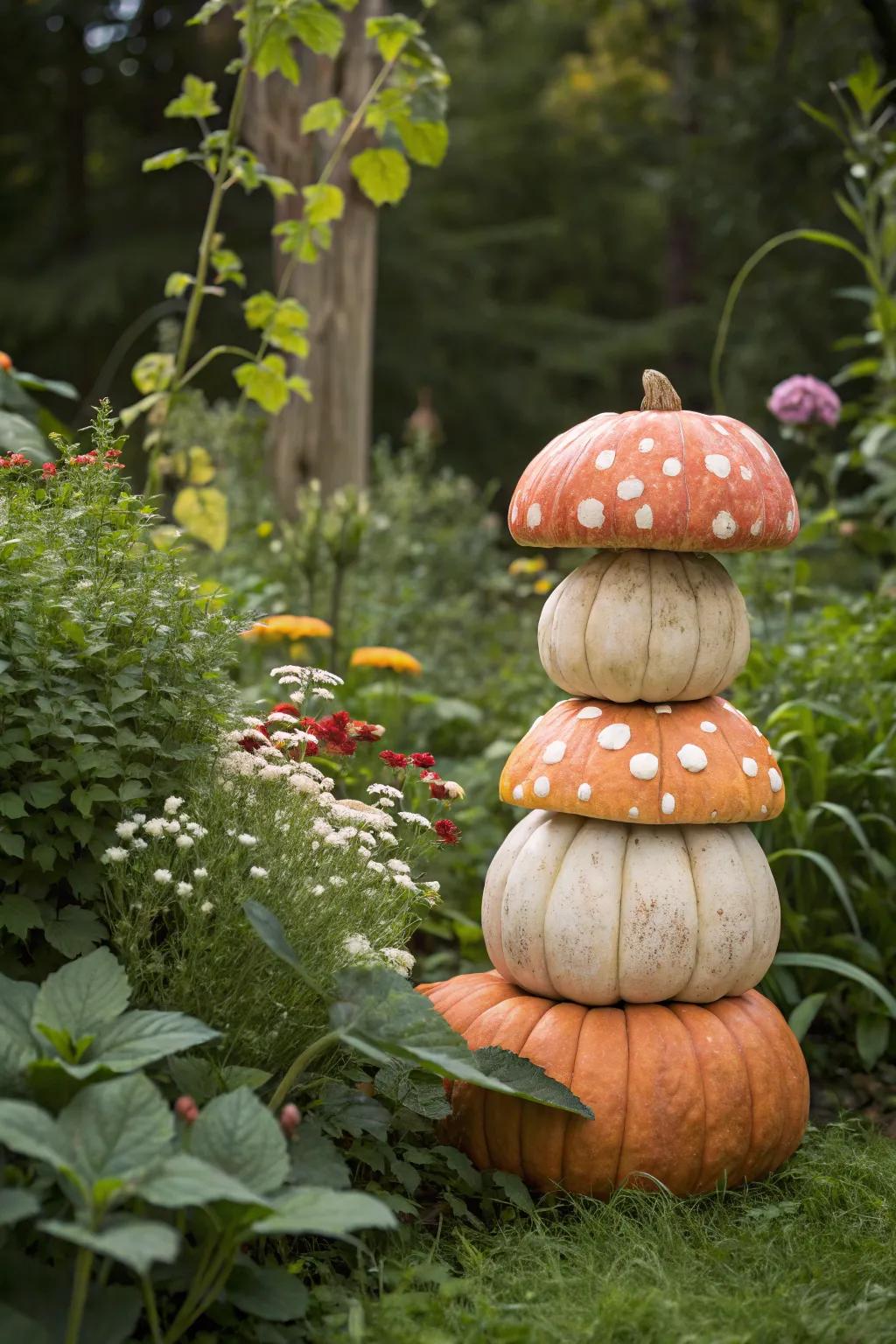 Whimsical toadstool pumpkins injecting a hint of enchantment into the garden.