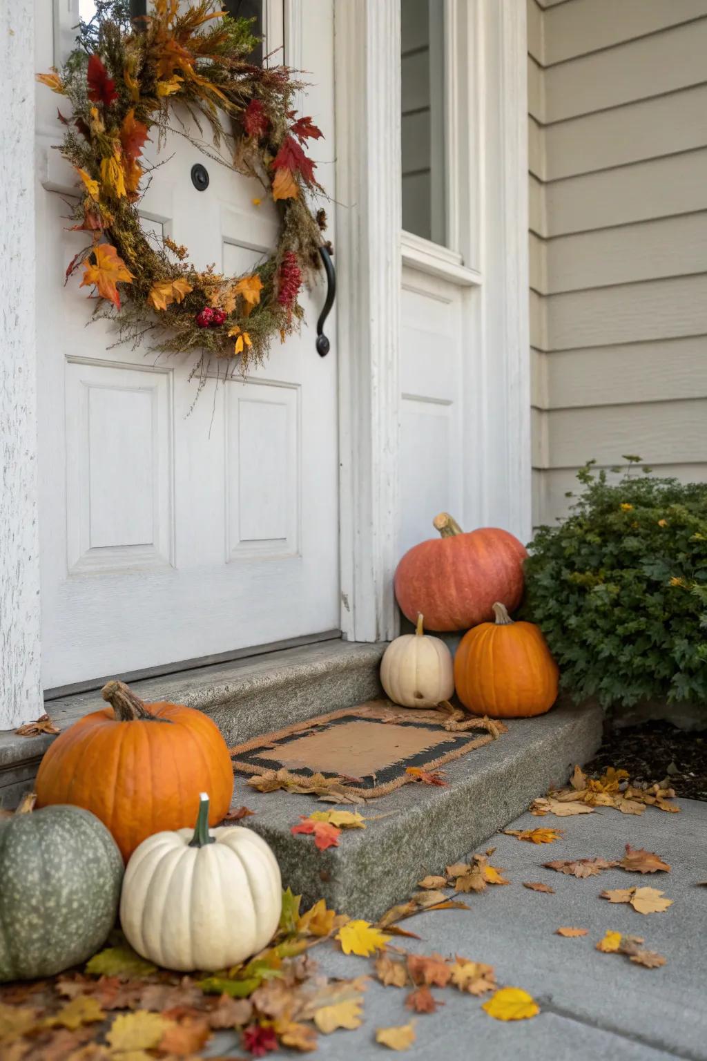 A cheerful assortment of pumpkins at the entrance, creating a vibrant and welcoming atmosphere.