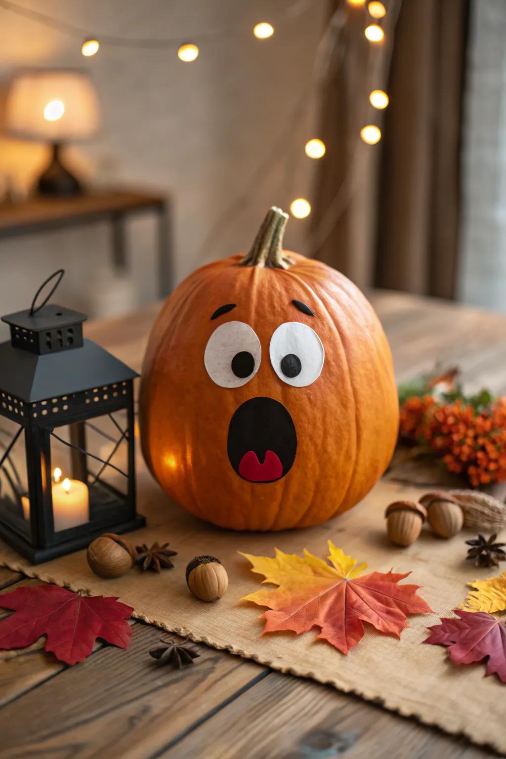 A pumpkin showcasing a humorously astonished countenance.