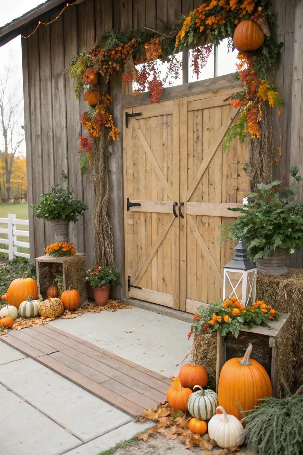 A countryside barn scene enhanced with gourds and greenery.