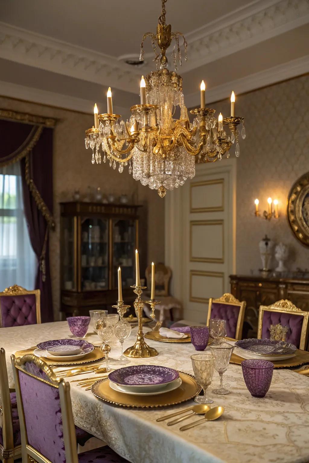 A gold chandelier adds a touch of grandeur to your dining area.