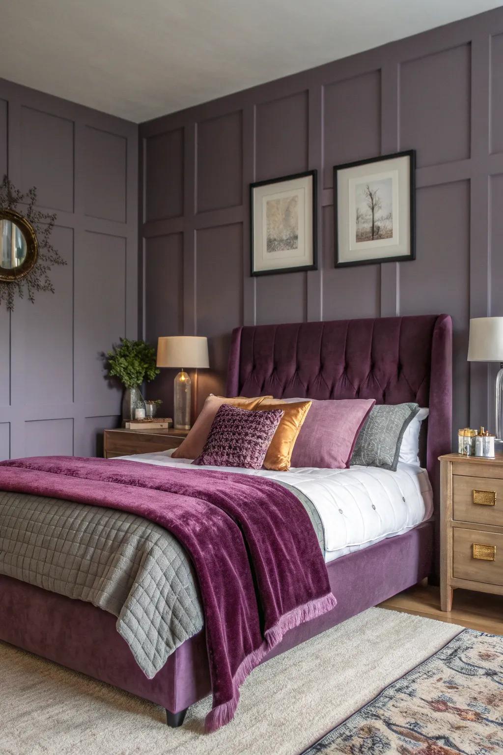 A captivating violet accent wall set against muted ash shades provides an ideal combination of impact and serenity.