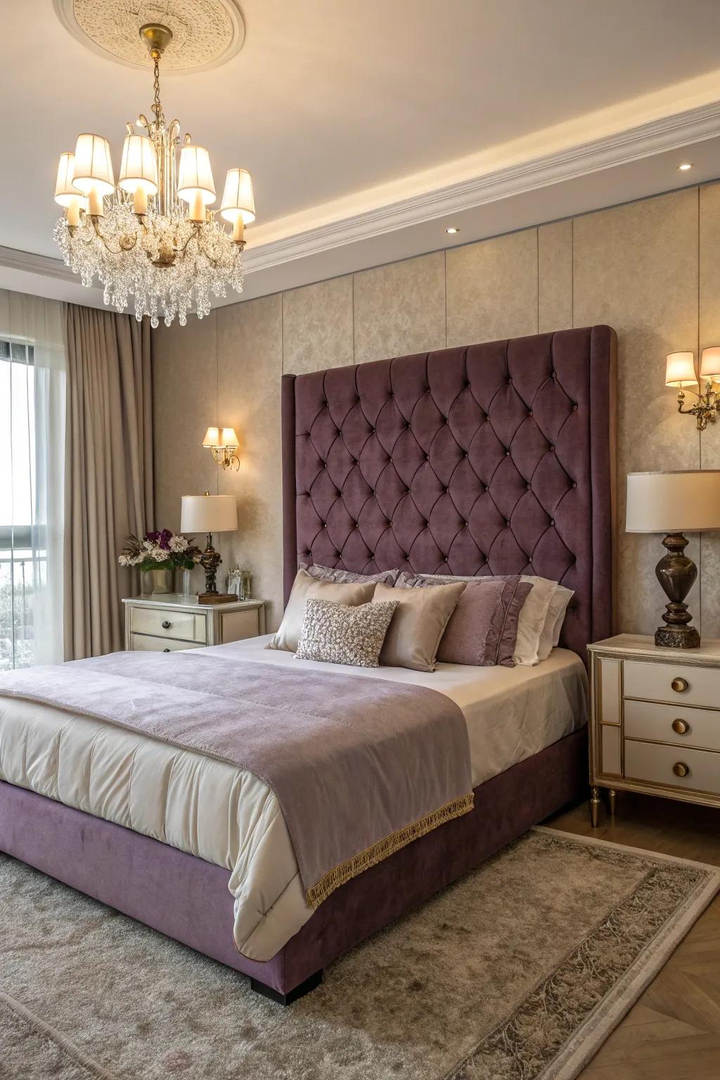A velvet plum headboard contributes sophistication and grace to the area.