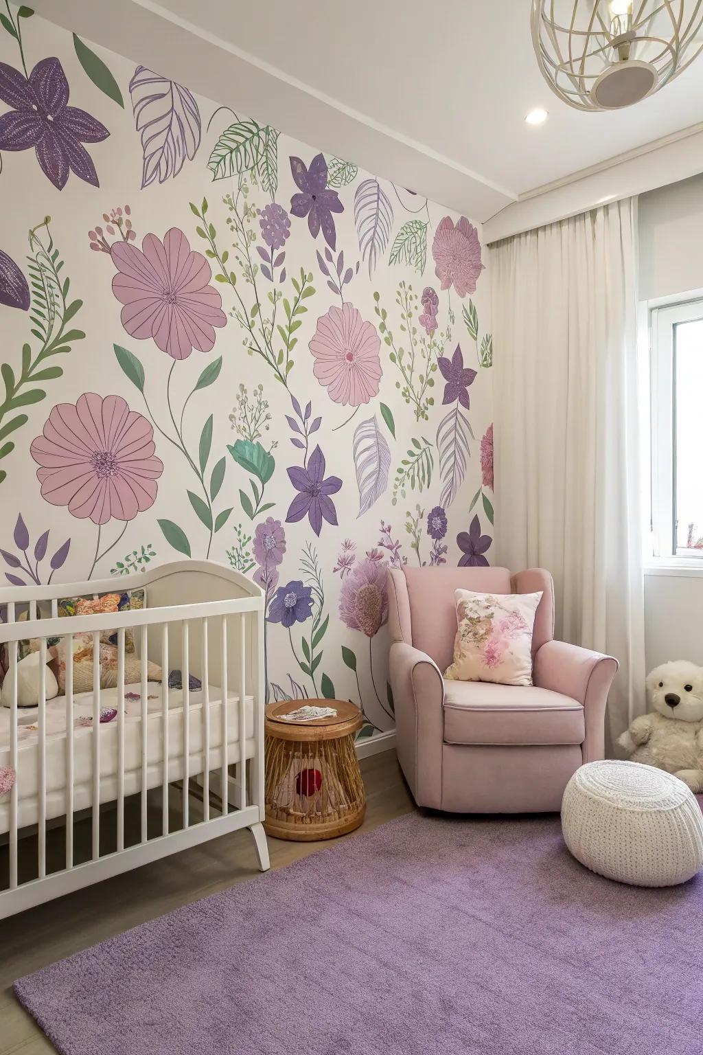 Botanical murals of purple provide a whimsical touch to the nursery.