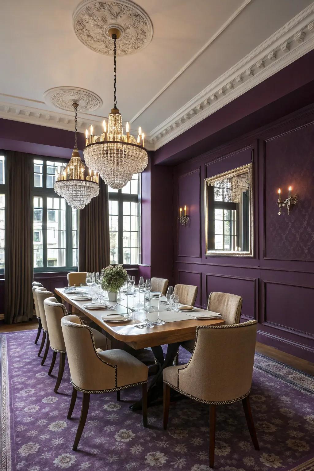 An exquisite dining space distinguished by deep purple walls, setting a majestic atmosphere.