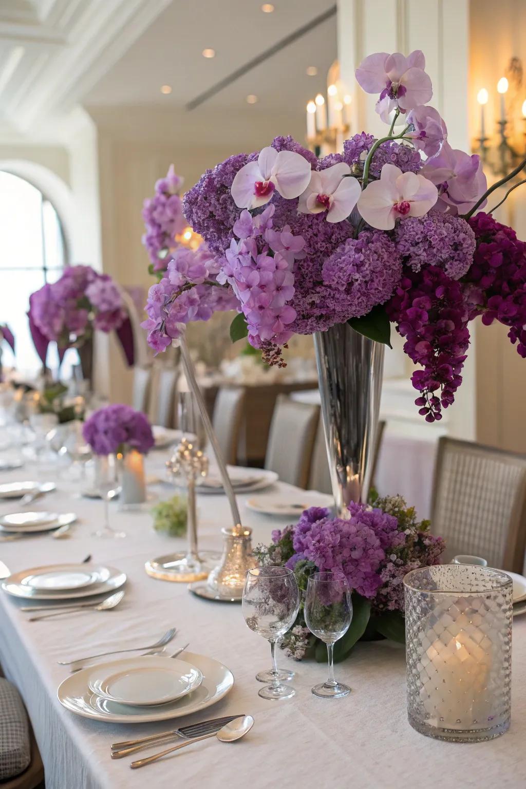 Opulent purple floral centerpieces craft a memorable ambiance.