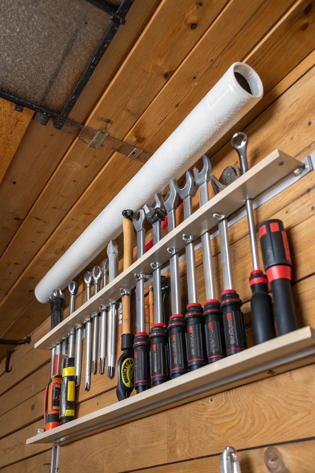 Enhance the efficiency of your workspace with a stylish polyvinyl chloride pipe based overhead storage design.