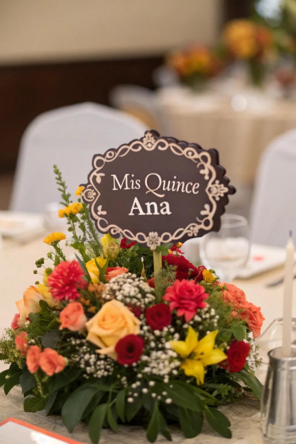 Tailored monogram signs include a custom-made element to your centerpiece.