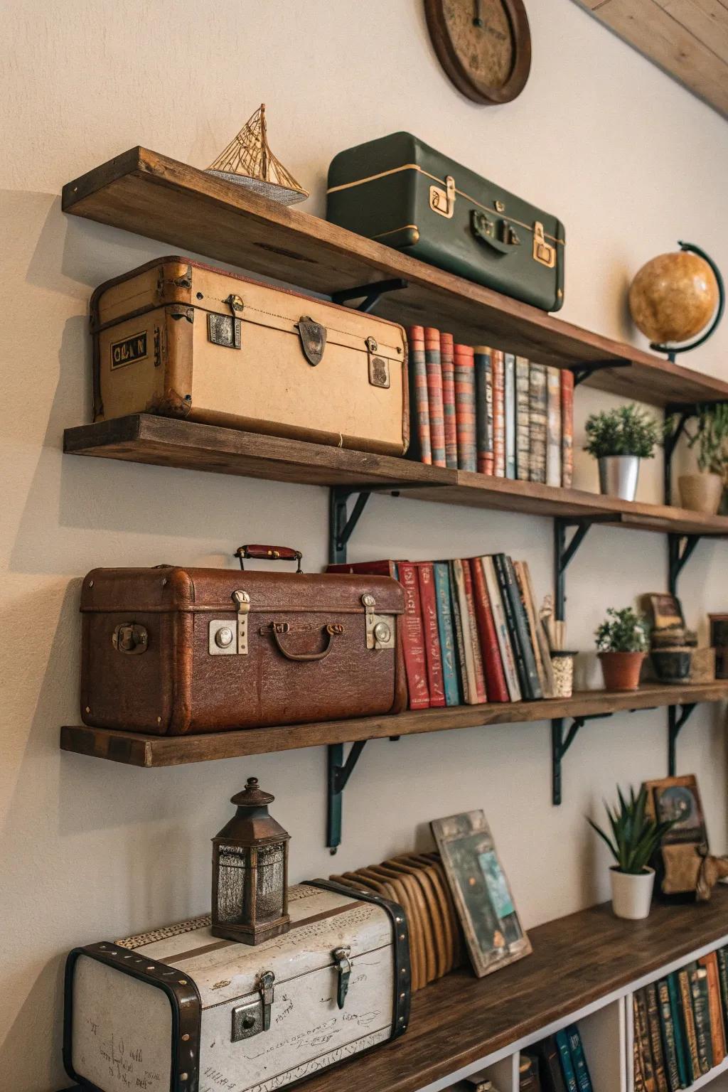 Old travel bags repurposed as delightful shelving units.