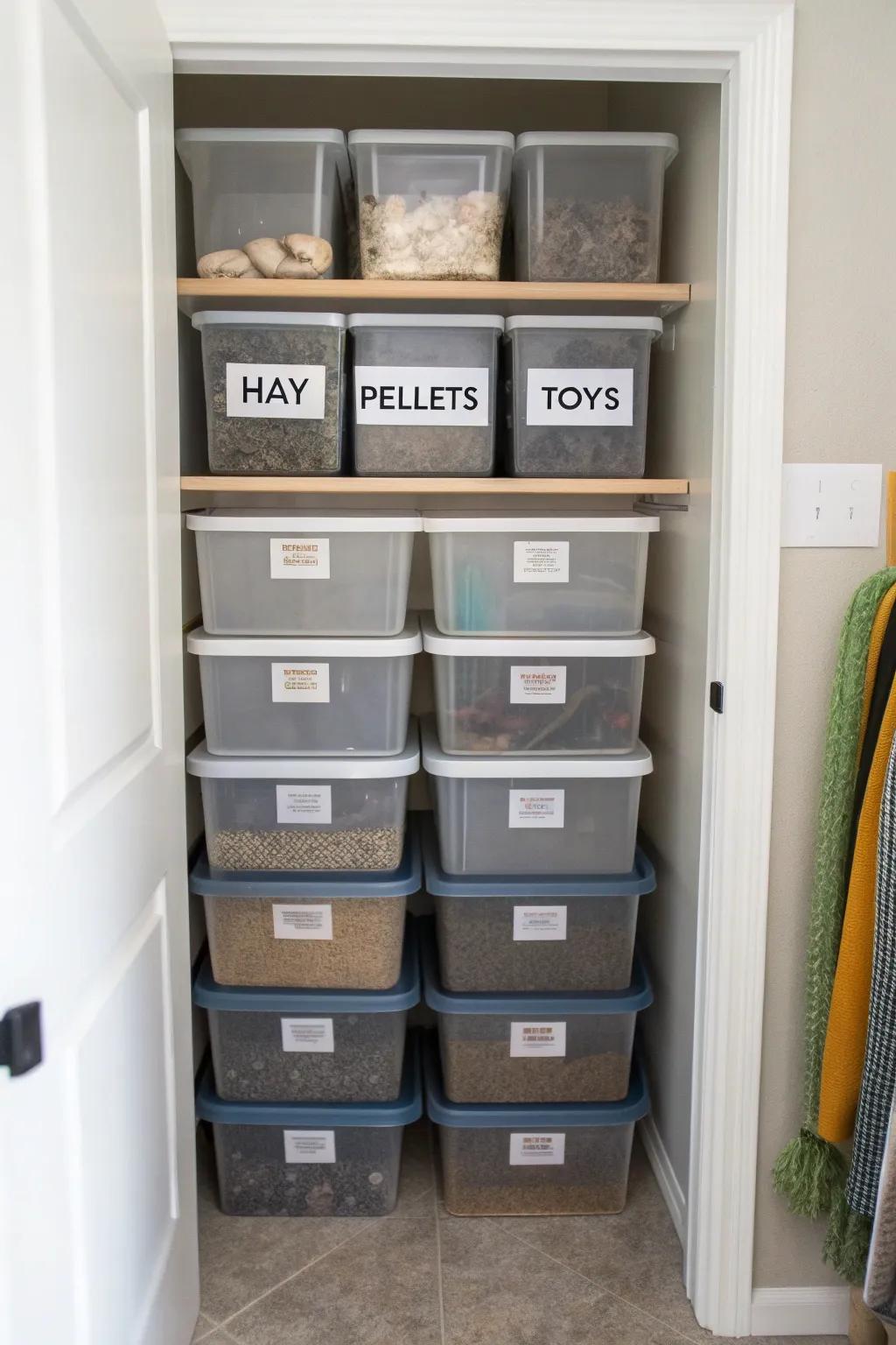 Storage bins stacked neatly, each labeled for easy identification of rabbit supplies.
