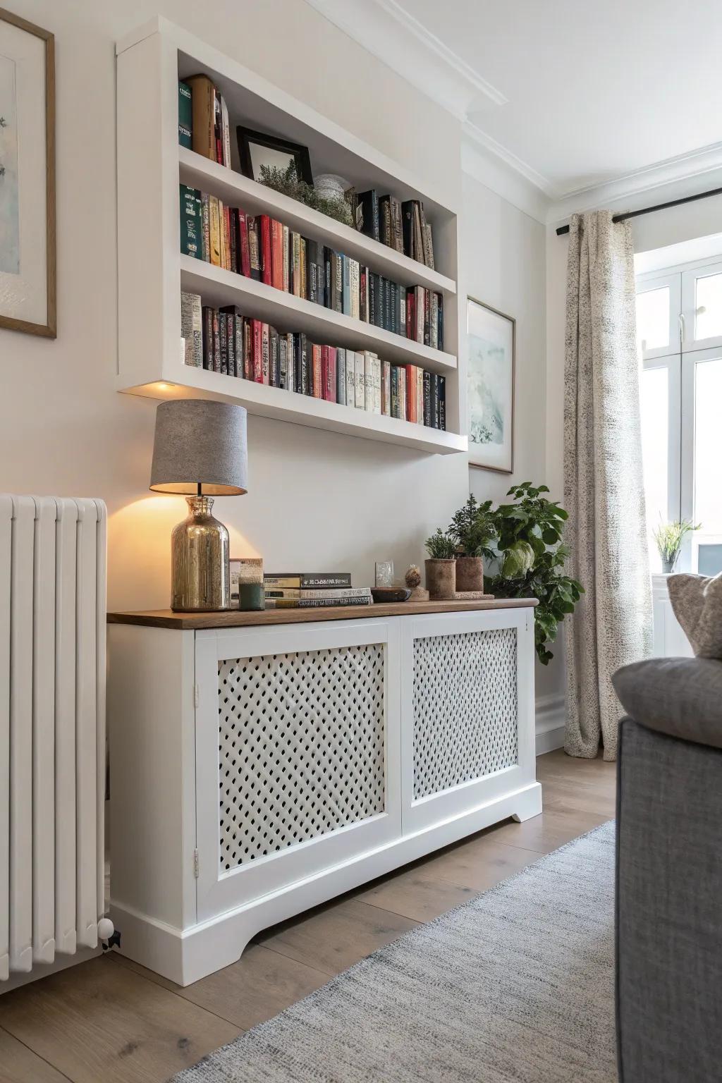A radiator face featuring a ledge offers additional room for books and decorations.
