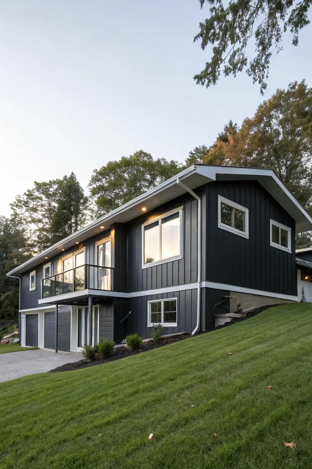 A stylish raised ranch showcasing a bold, inky and white external color palette.