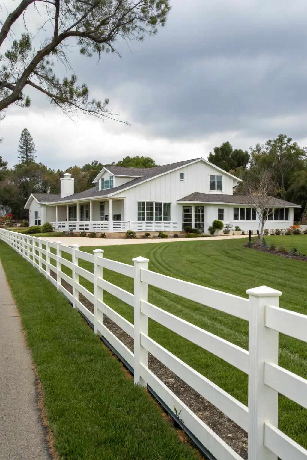 A refined plastic composite barrier enhances a contemporary ranch estate.