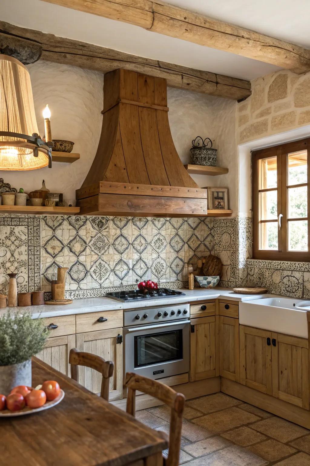 Rustic kitchen featuring a wood vent hood alongside a delightful tile backsplash.