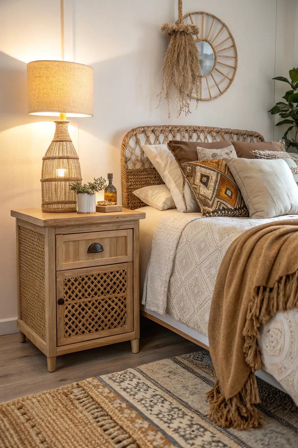 A rattan nightstand enhances the bedroom's inherent aesthetic.