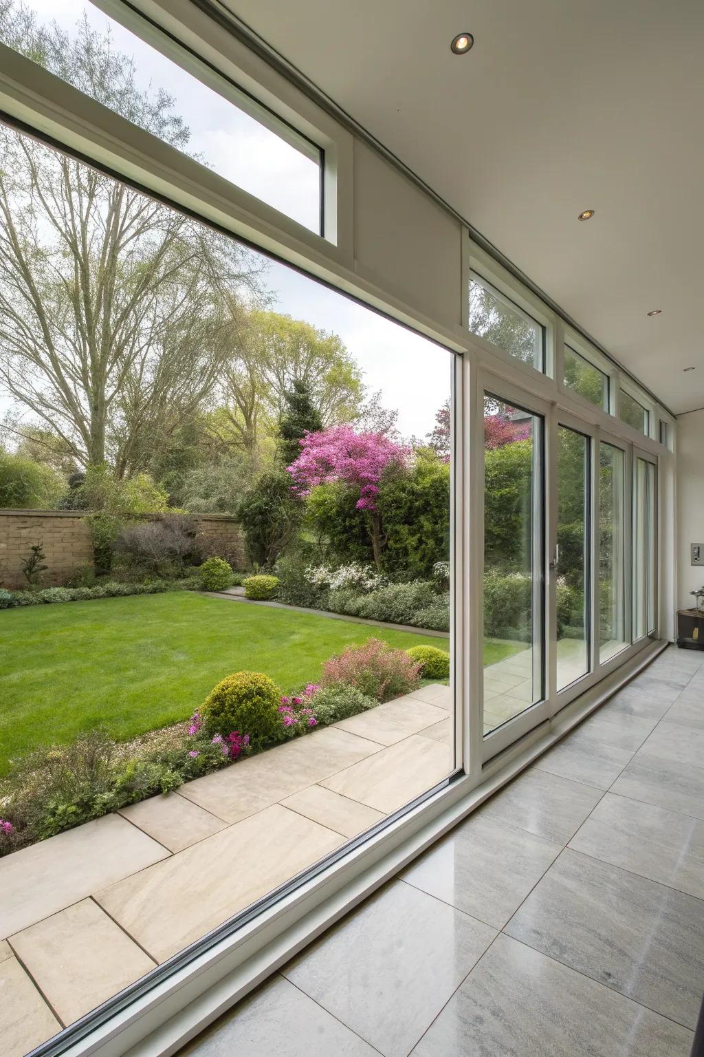 A back house extension that features expansive windows which welcome a great deal of sunlight and garden views.