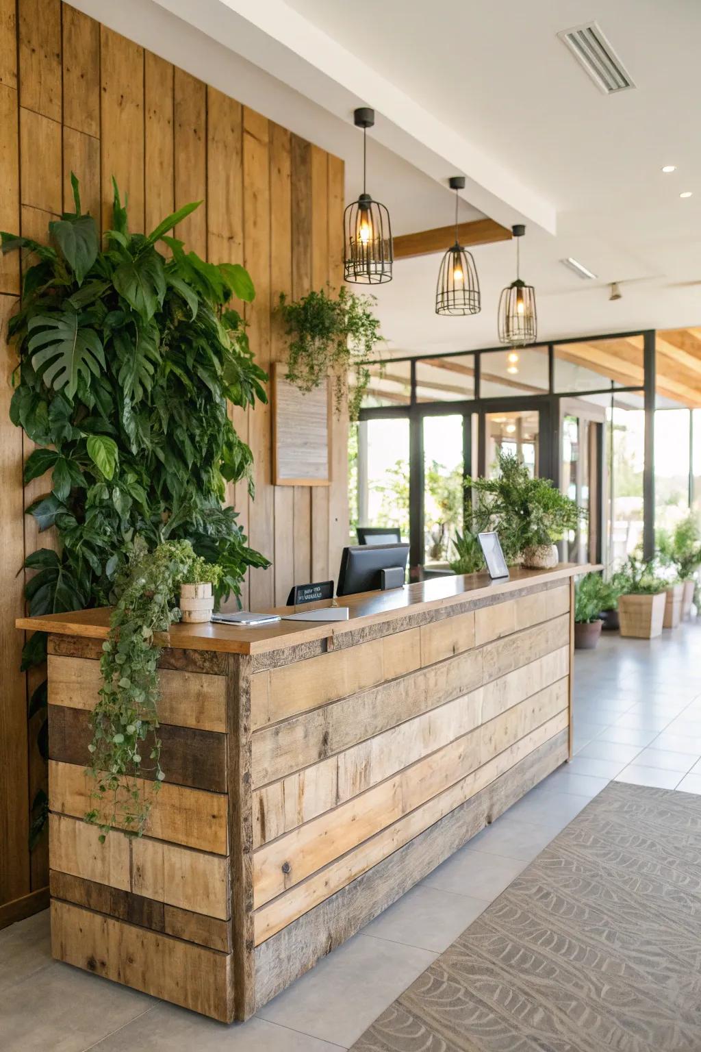 A cozy front desk is enhanced with natural elements.