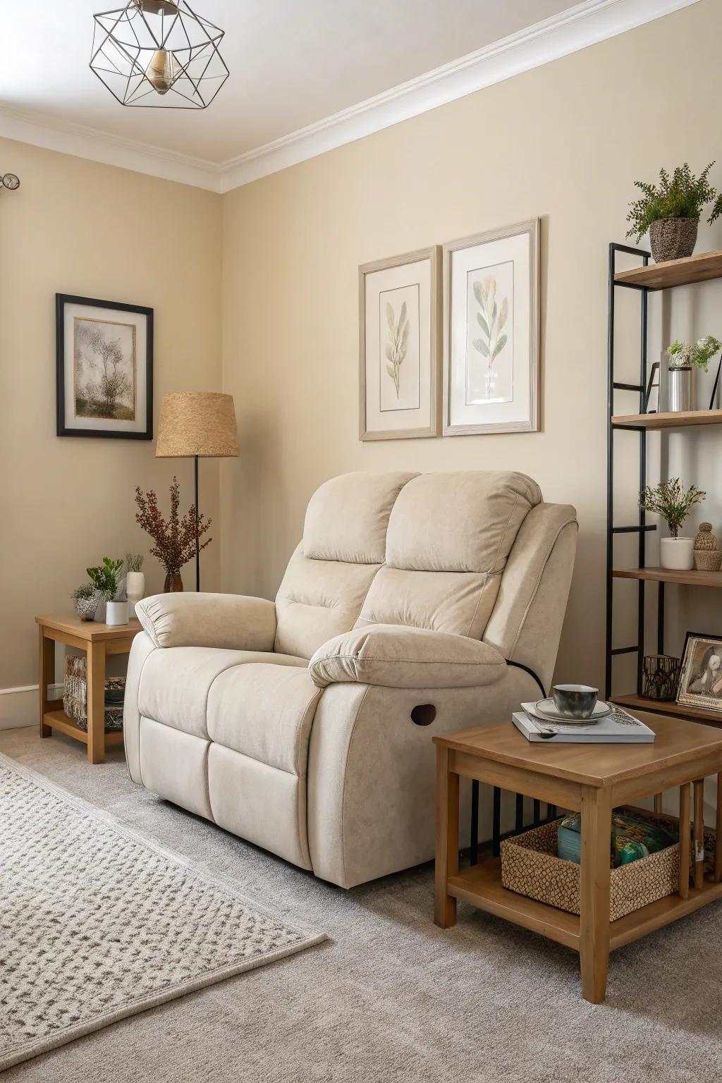 A tranquil living area showcases a recliner sofa in neutral tones, effortlessly blending with the overall decor.