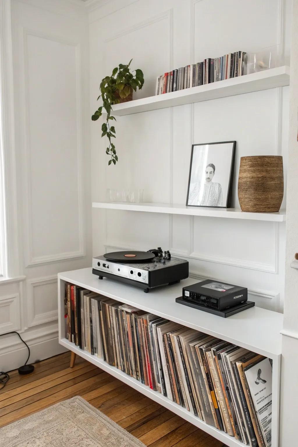 A minimalist floating shelf design for a record player setup.