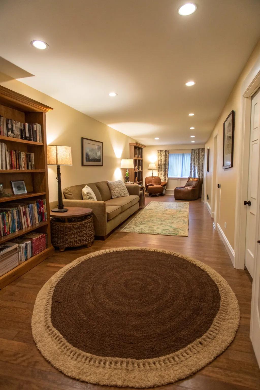 Carpets divide a long, narrow living room into distinct spaces.