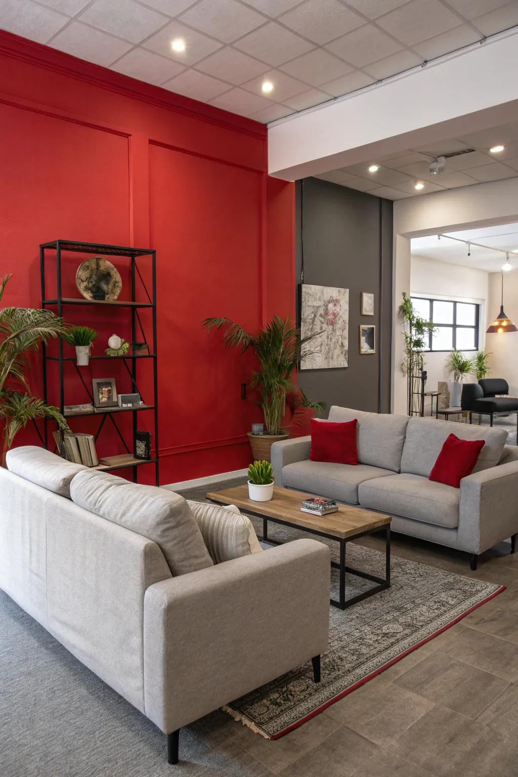 An eye-catching red focus wall provides a contrast to the grey furnishings.
