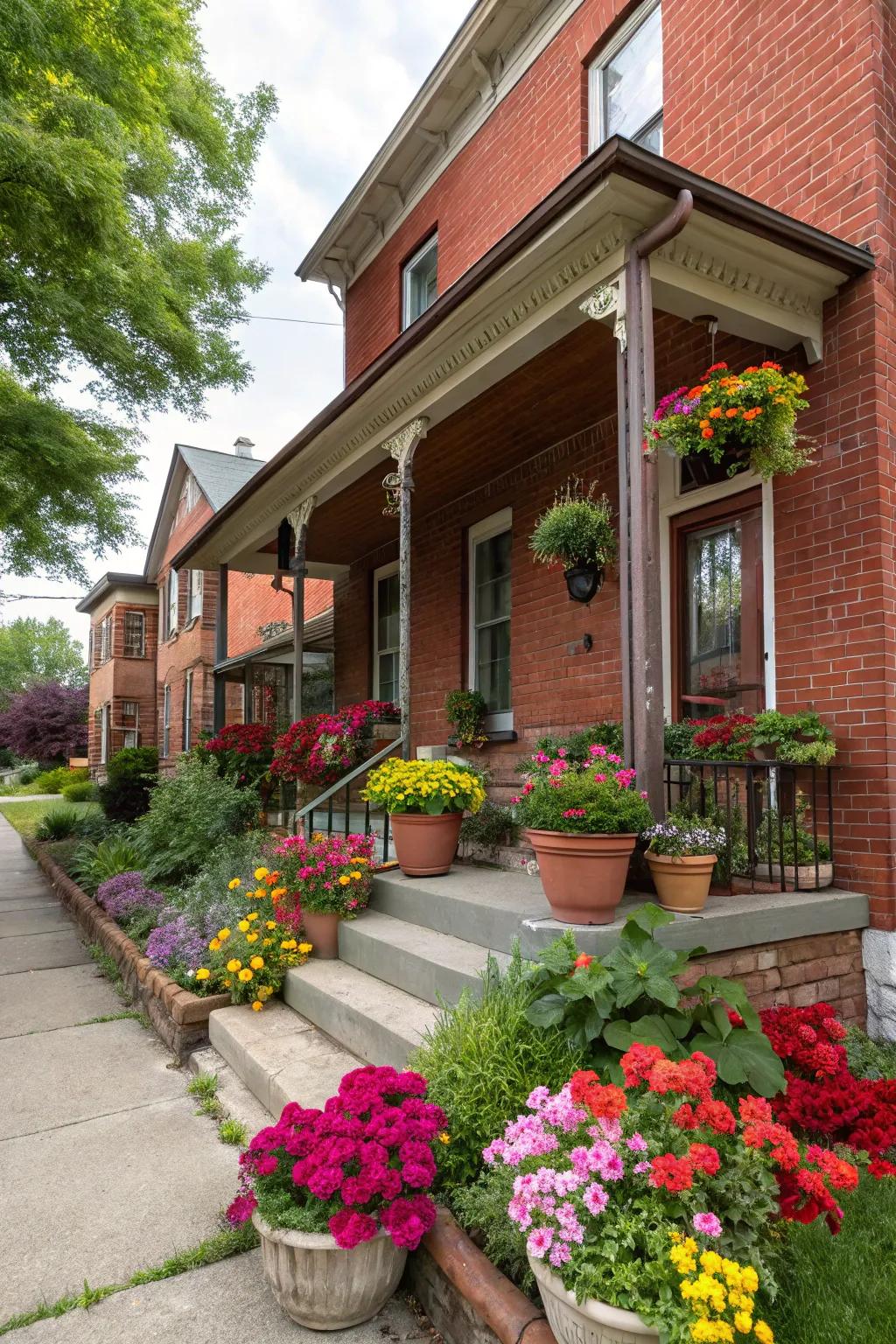 A vivid botanical display of potted plants enhances the charm of a red brick porch.
