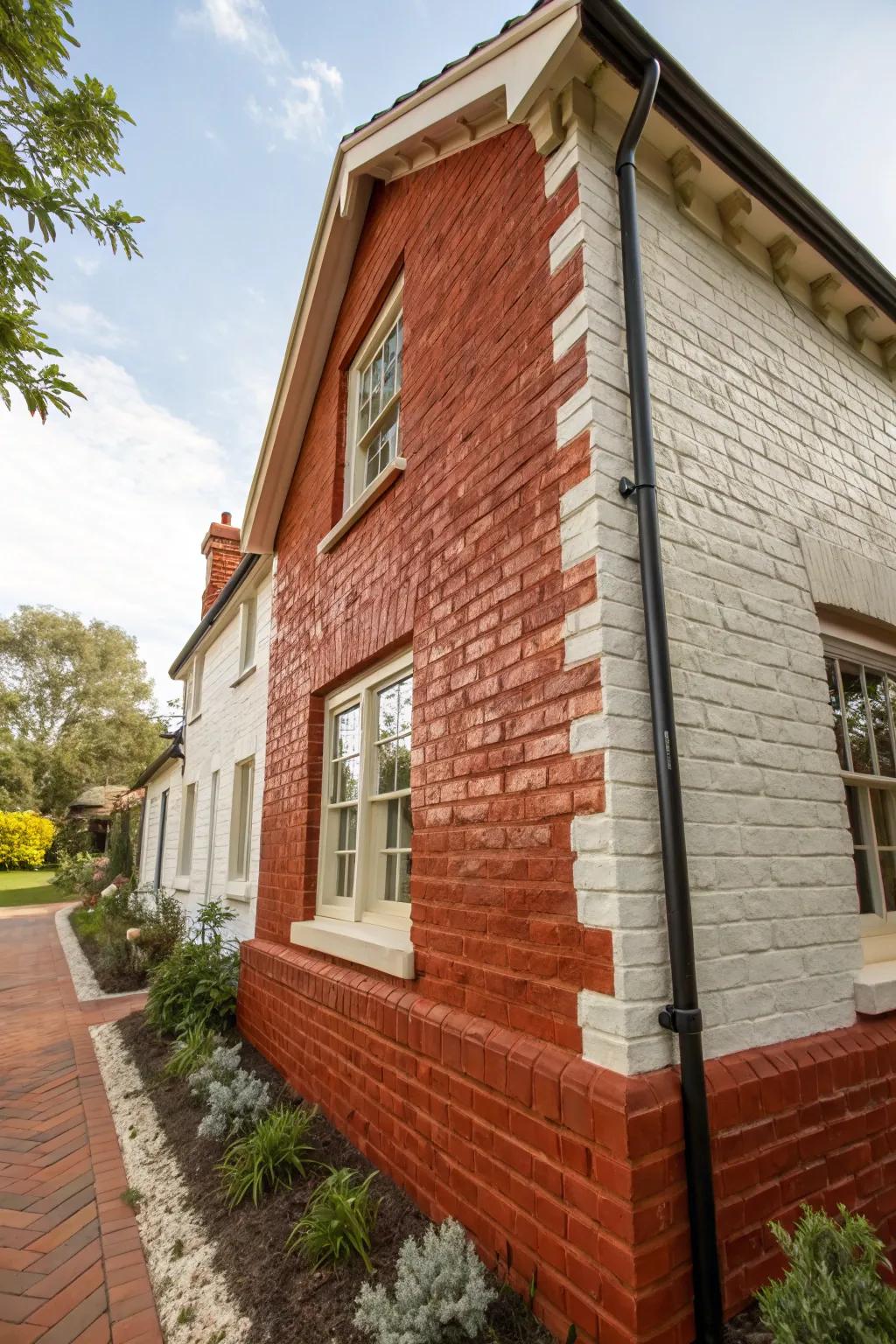 A red brick house adorned with limewash, displaying subtle color variations and texture.