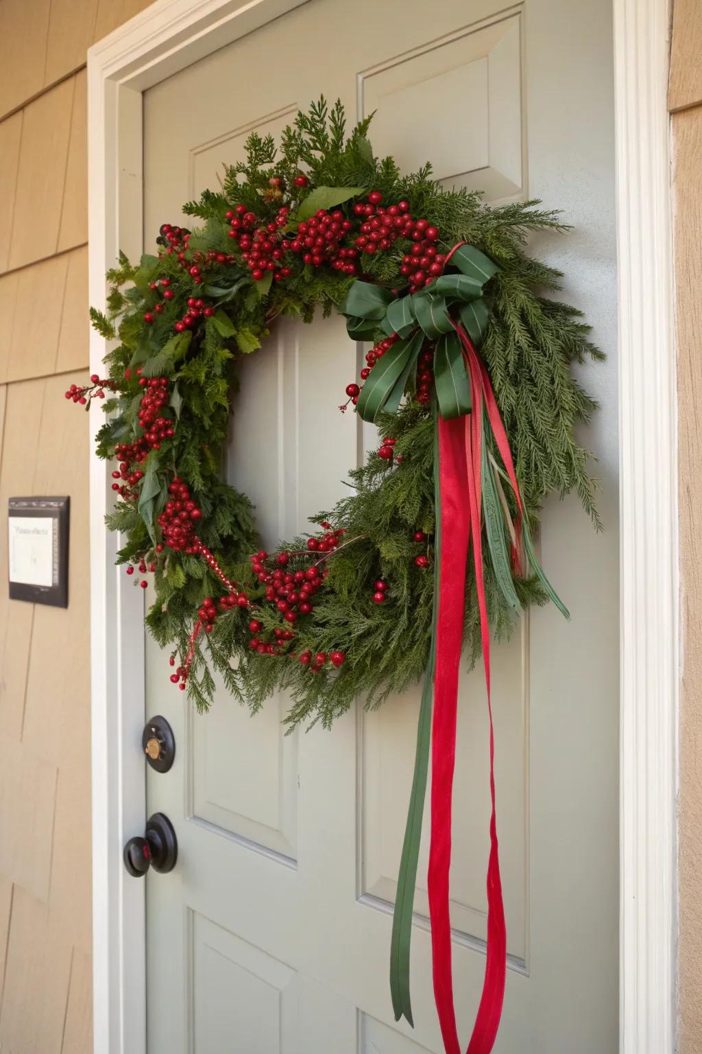 A celebratory foliage piece featuring scarlet highlights for a cordial greeting.