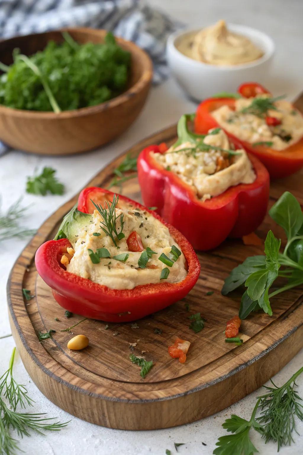 Red ringer pepper hummus cups offer a sound and vivid tidbit choice.
