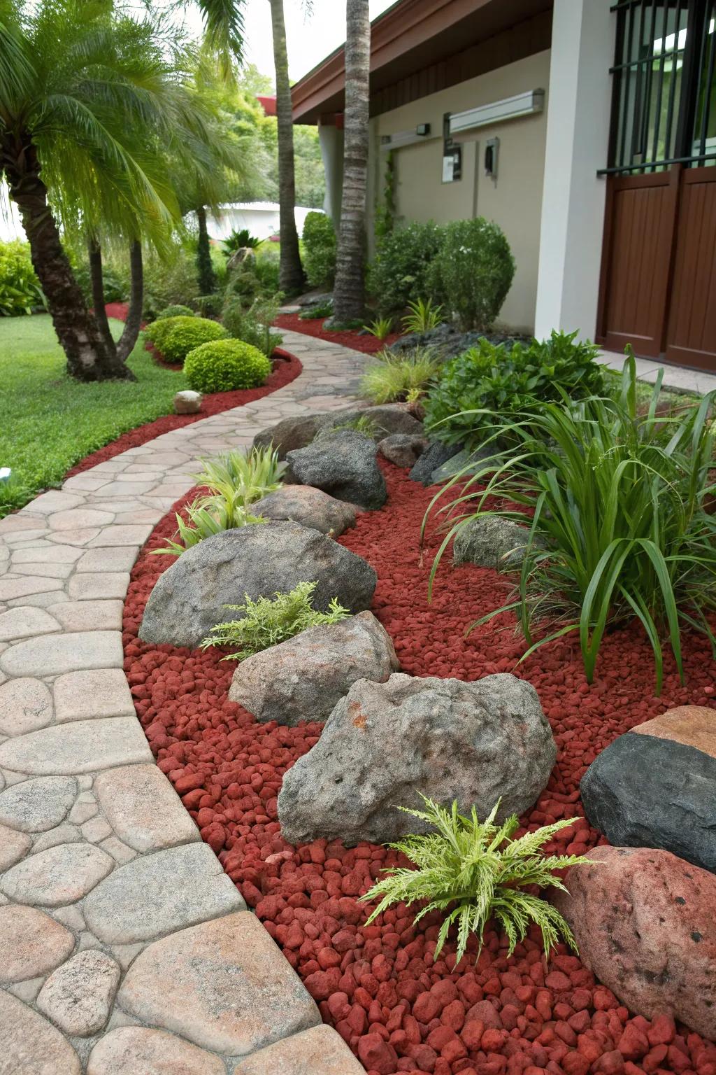 Substantial stones united with crimson volcanic rock infuse dimension and texture into the garden.