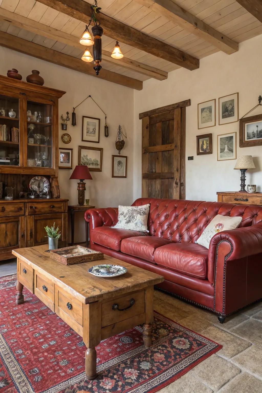 Timber elements impart warmth and allure to a countryside setting with a crimson hide sofa.