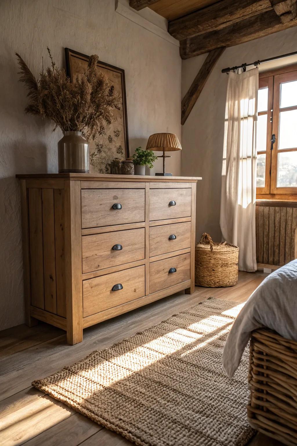 The organic patterns of wood grain evoke an atmosphere of tranquility and refinement.