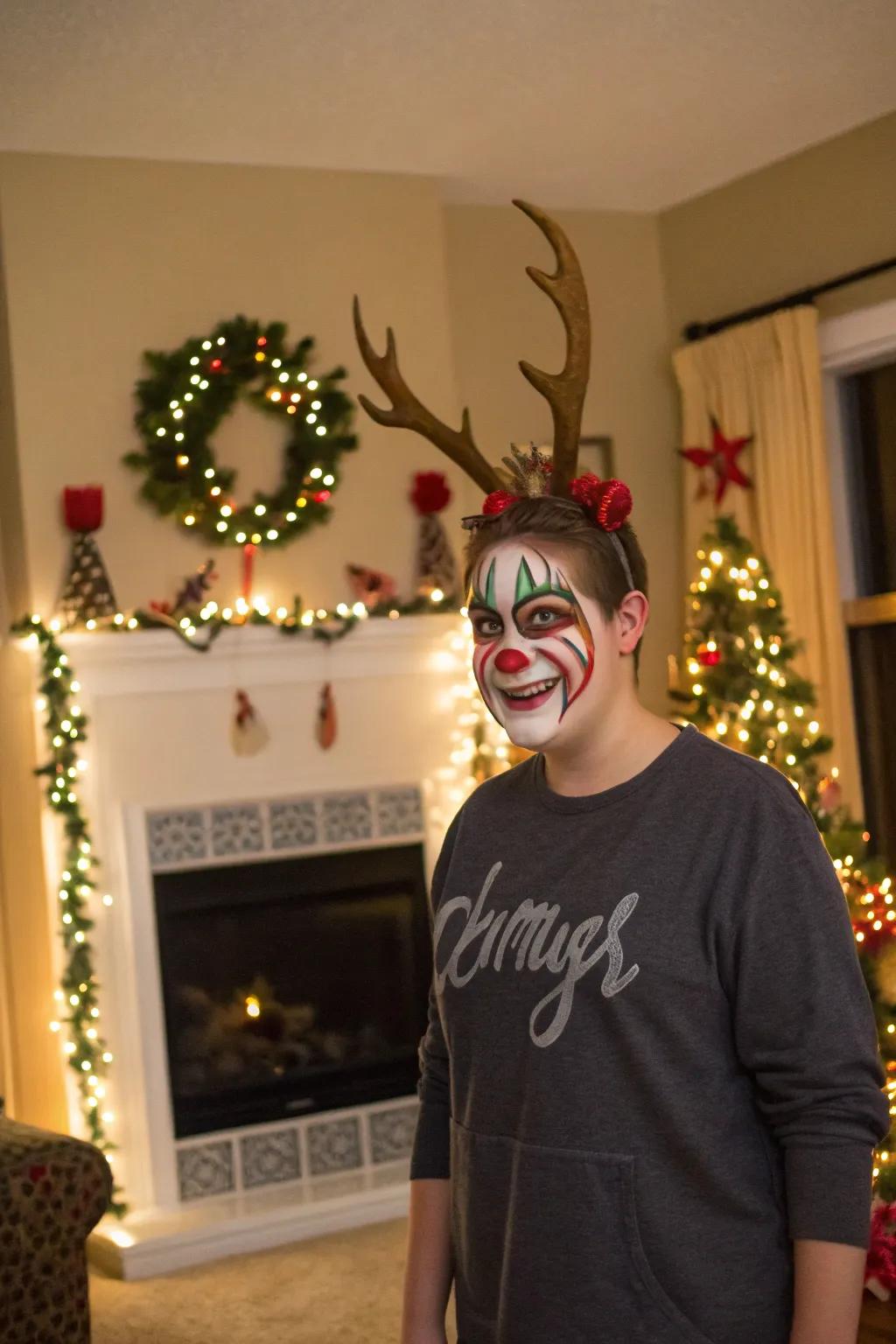 Bold horns introduce a remarkable flair to any reindeer face paint.