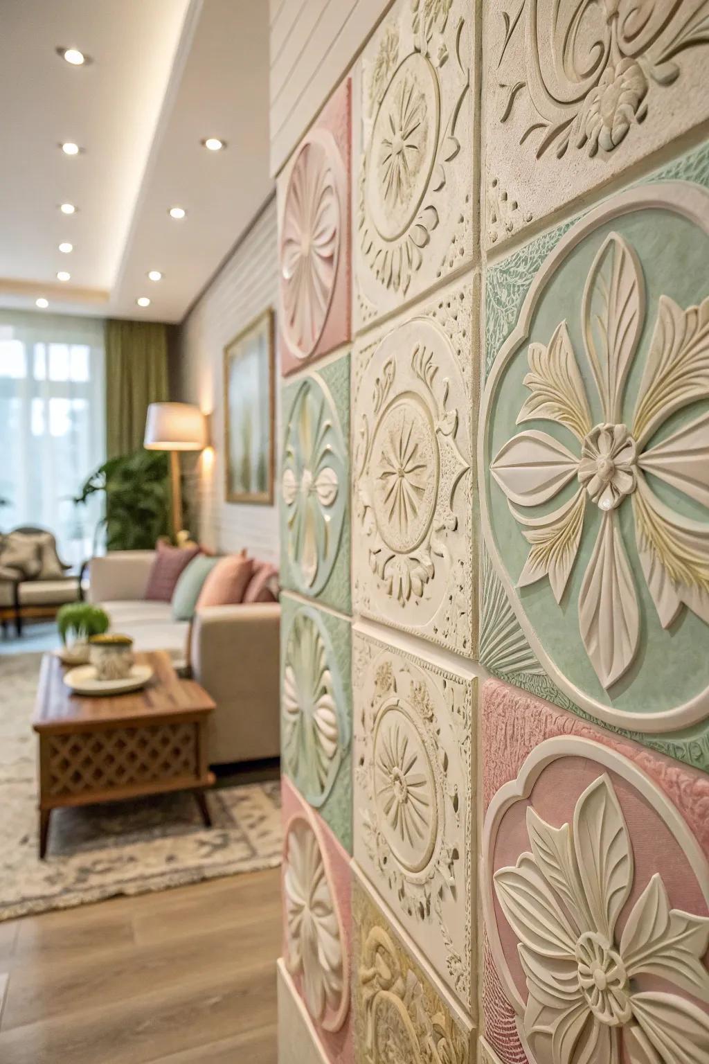 Floral relief tiles in pastel hues craft a dreamy living space.