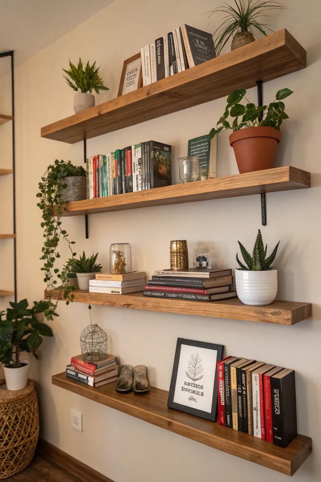 Stylish storage options are provided by floating shelves.
