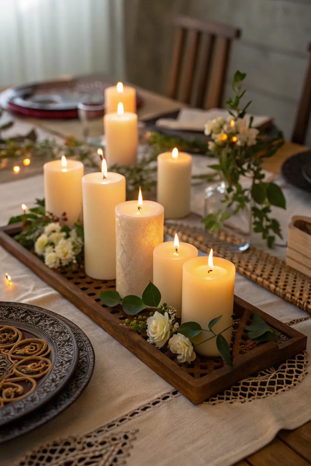 A serene table setting illuminated by glimmering lights.