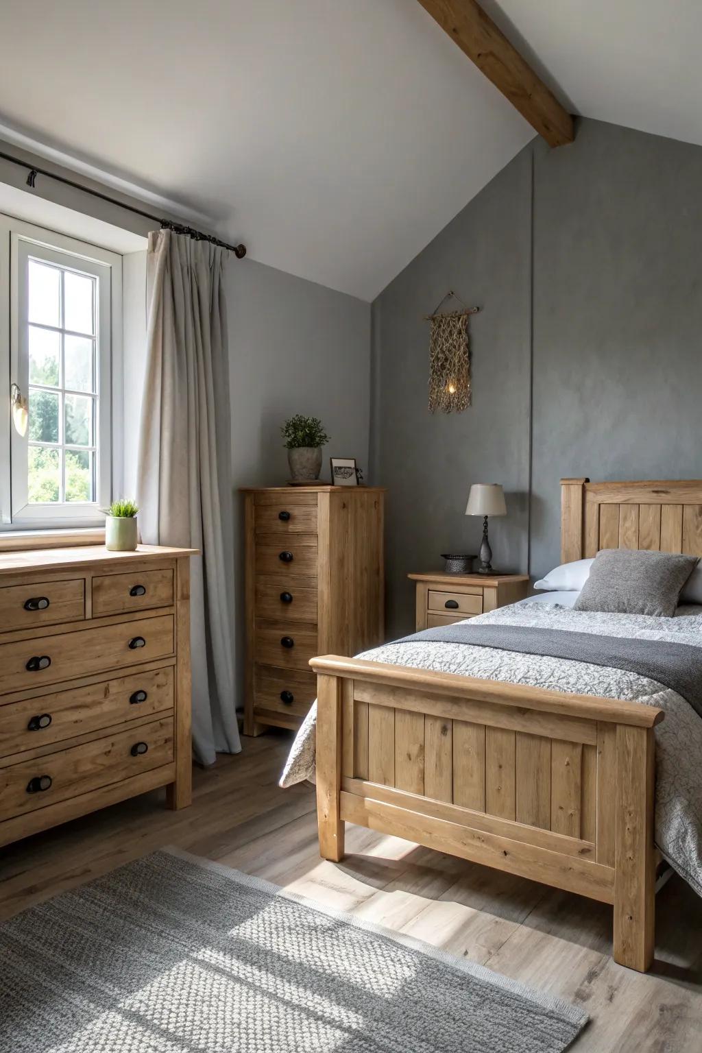 Against repose gray walls, light wood furniture makes for a truly captivating contrast.
