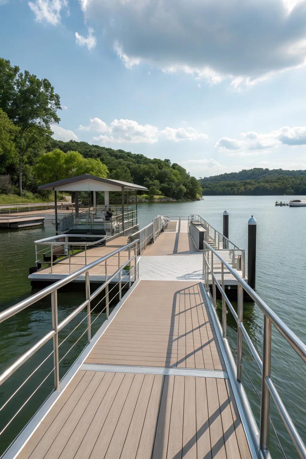 A streamlined dock design showcasing up-to-date materials for a contemporary aesthetic.