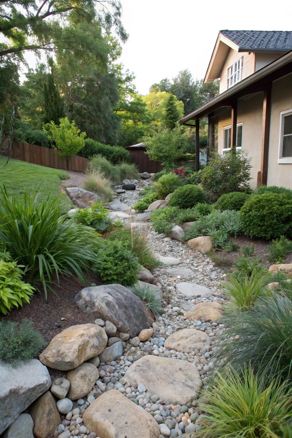 A serene pebble stream enhances visual charm and practical drainage.