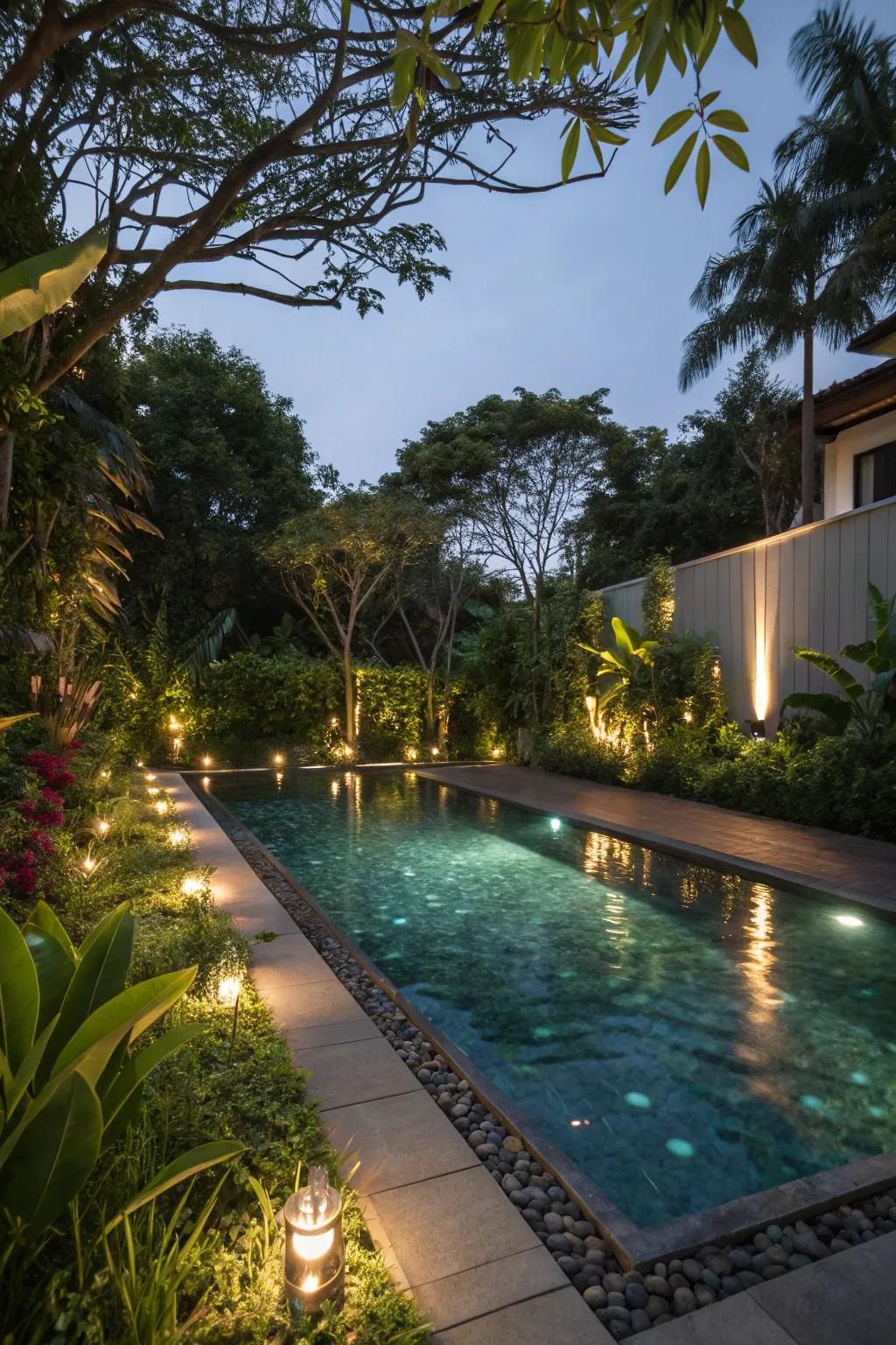 Set a cozy mood with built-in pool lights.