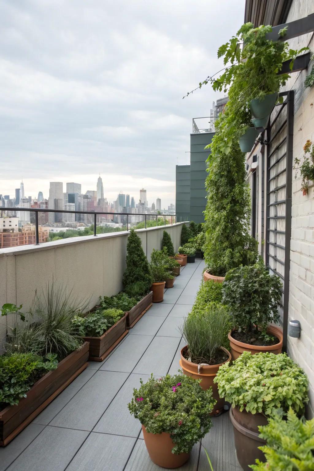 Bring nature to your rooftop deck with a blend of potted plants and vertical gardens.