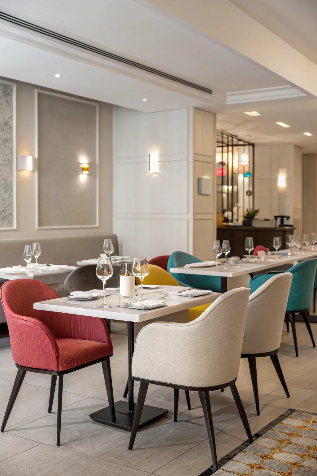 A modern minimalist restaurant featuring neutral tones highlighted by vibrant pops of color.