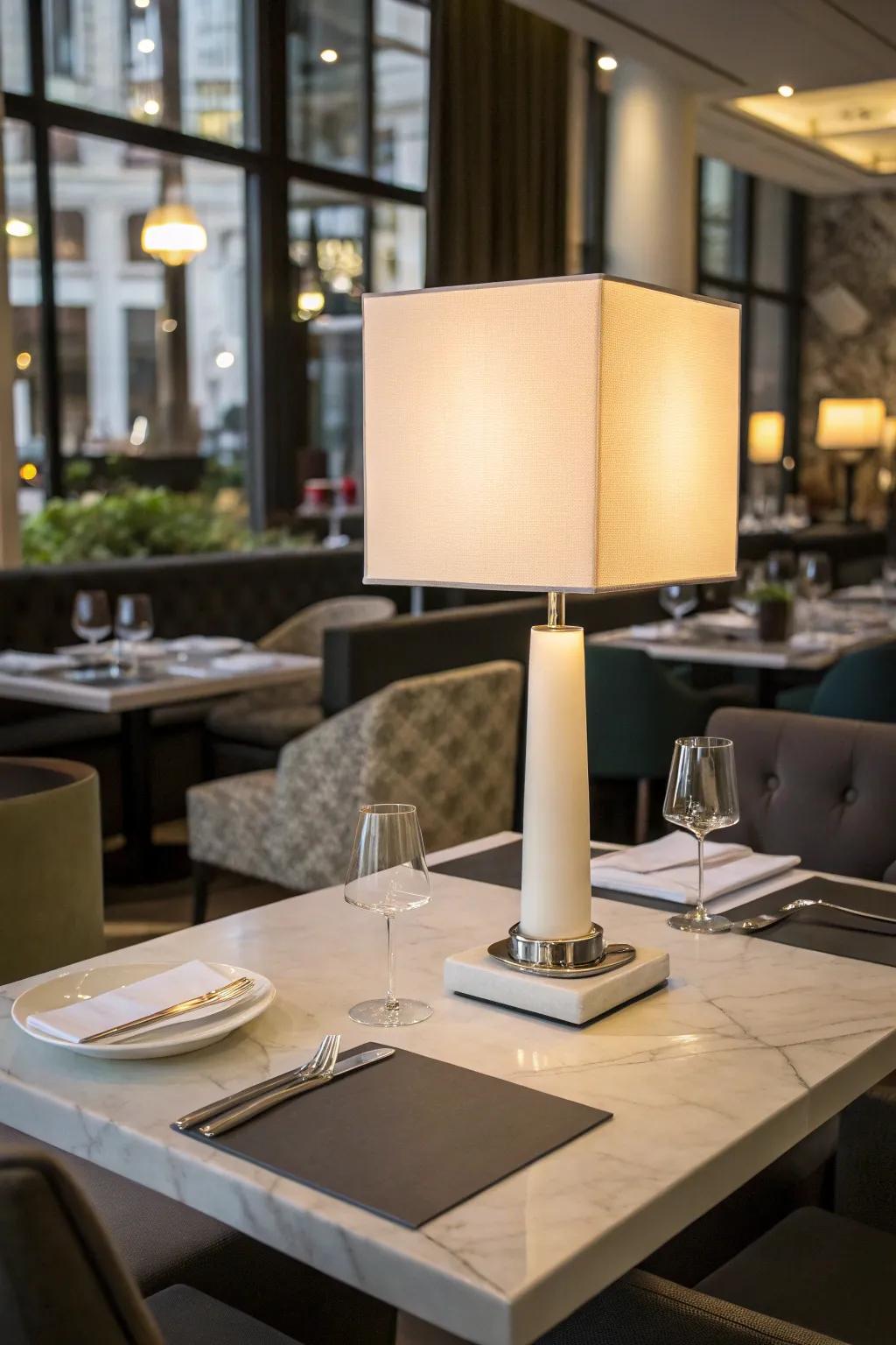 Modern minimalist table lamp on a refined restaurant table within a contemporary setting.