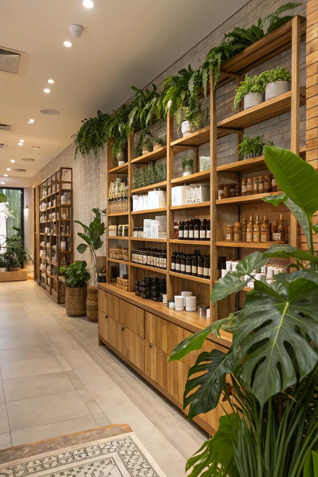 Authentic components like timber and vegetation introduce a tranquil ambiance to retail environments.