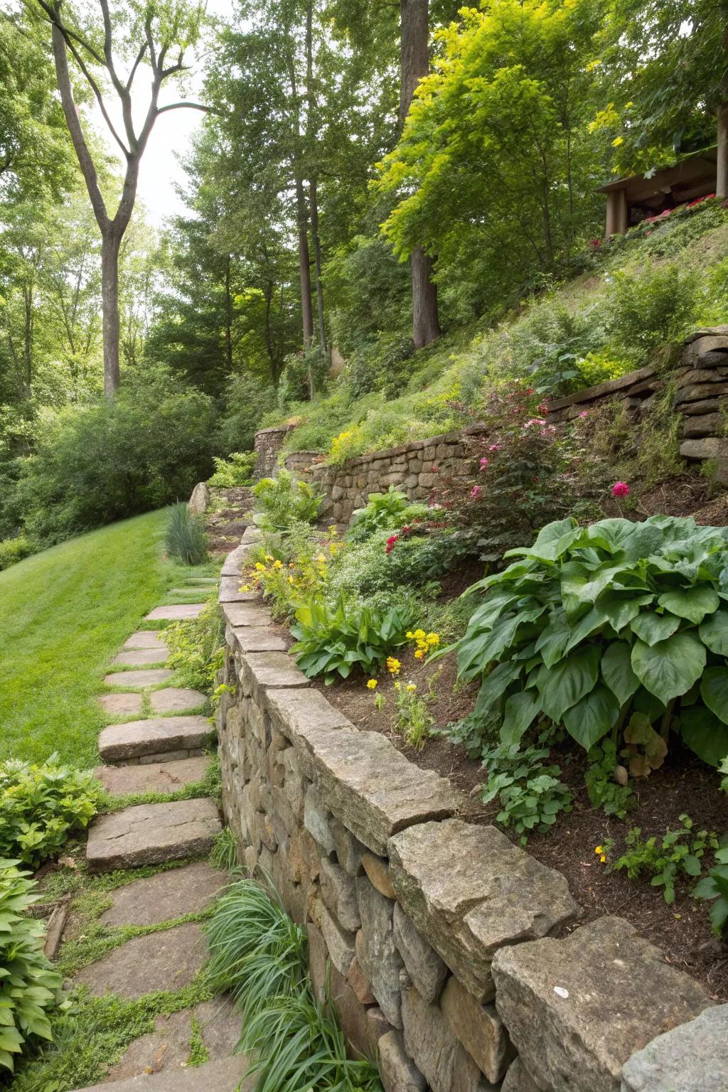 Natural stone walls bring a touch of rustic charm and practical elegance to any sloping garden.